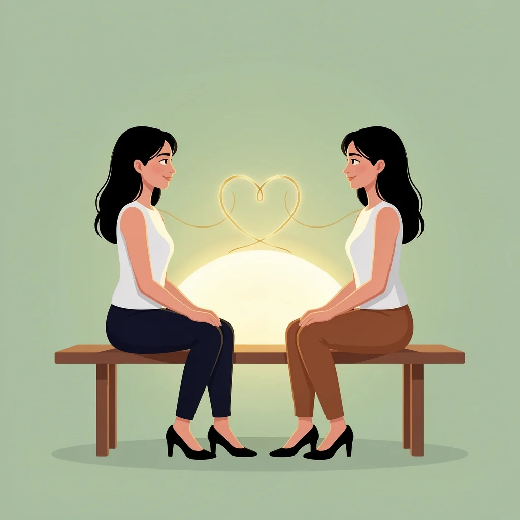 Friendship After the Wedding Two women sitting apart on a bench connected by a golden thread symbolizing enduring friendship after wedding