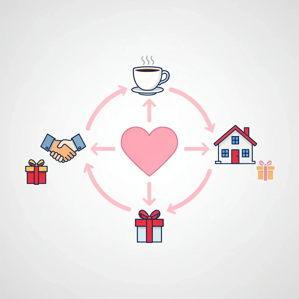 Gift guidance by relationship and stage A heart icon connected to three relationship icons (handshake, coffee cup, house) each leading to a gift box, visualizing gift ideas by relationship after baby loss.