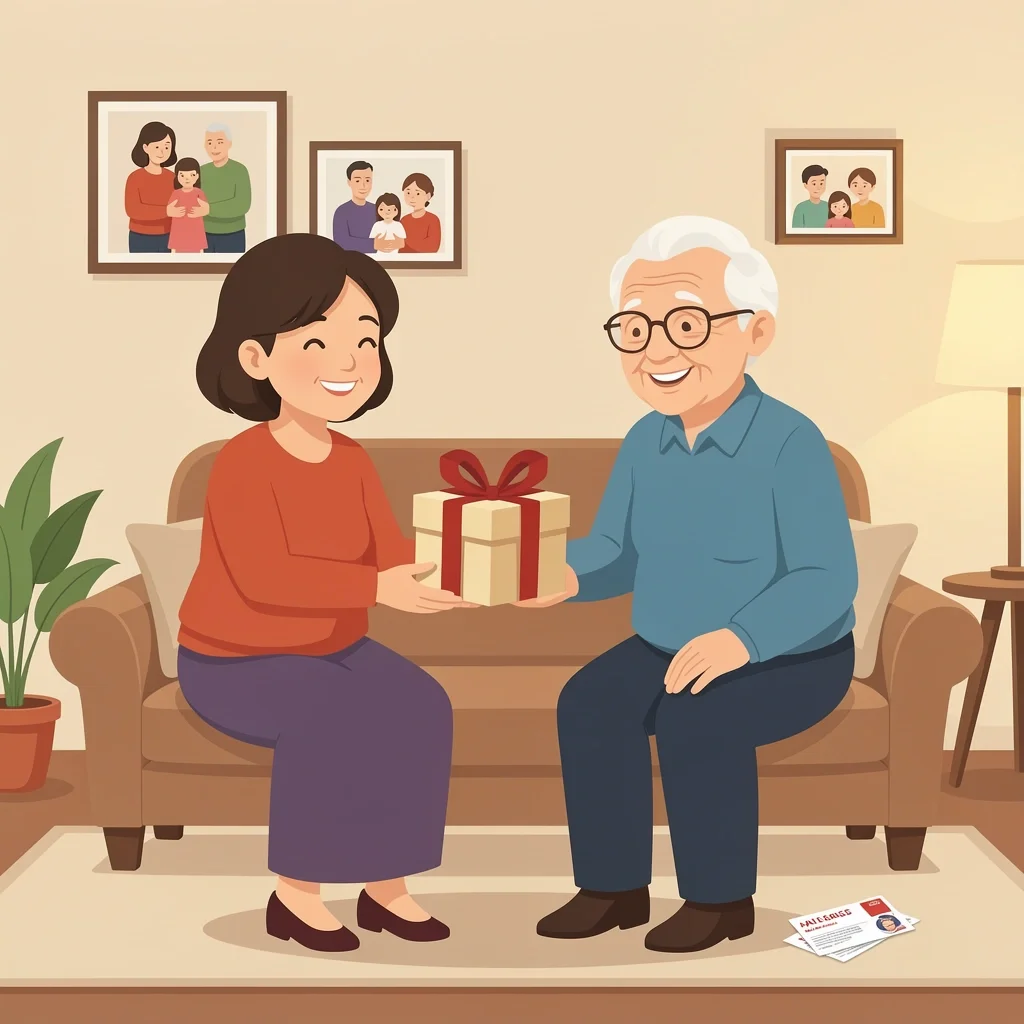 Thoughtful 60th Anniversary Gift Adult child giving a wrapped gift to elderly parents for 60th anniversary