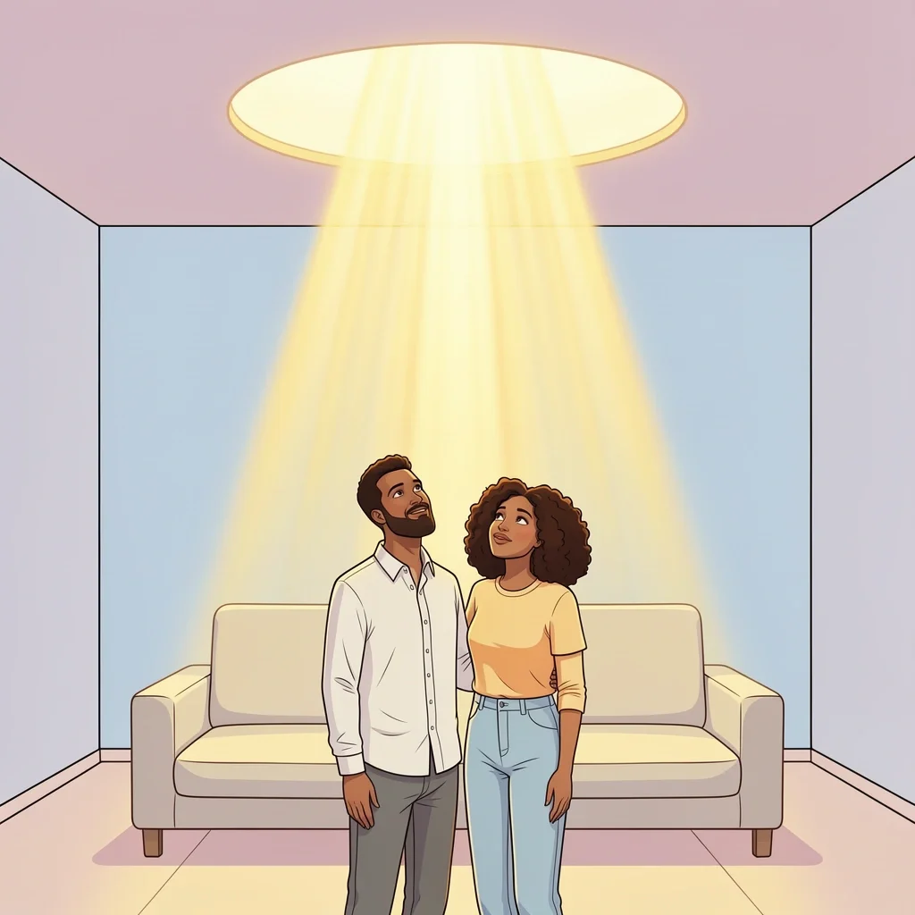 A diverse couple standing in a modern living room with a beam of golden light shining down on them, symbolizing God's intervention in marriage.