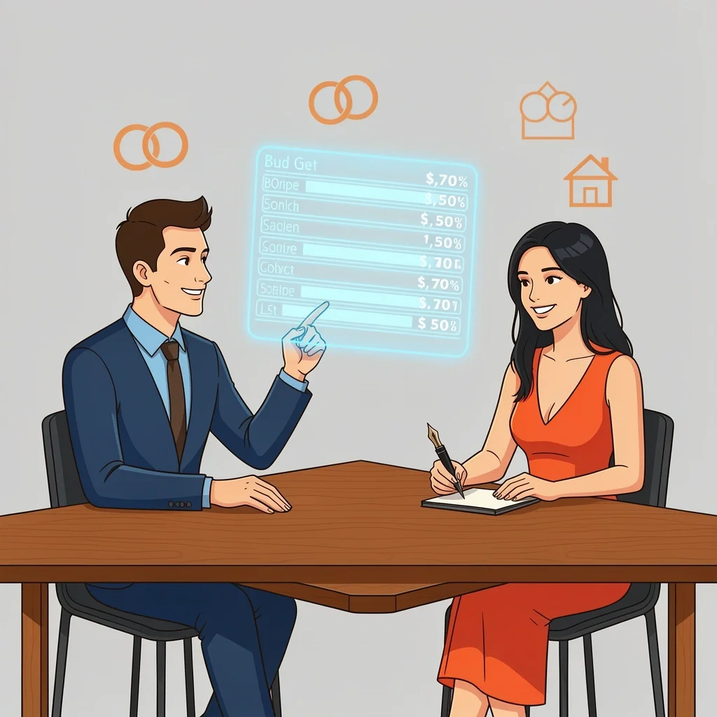 Groom Financial Planning and Budget Discussion Groom and bride reviewing a glowing budget chart for wedding expenses