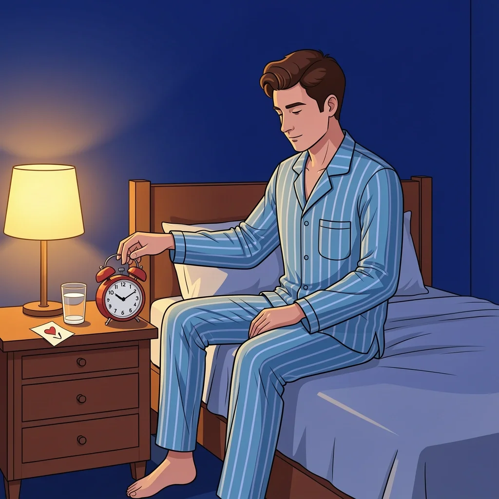 Groom Night Before Wedding Routine Groom setting an alarm clock with water and a heart note on the nightstand