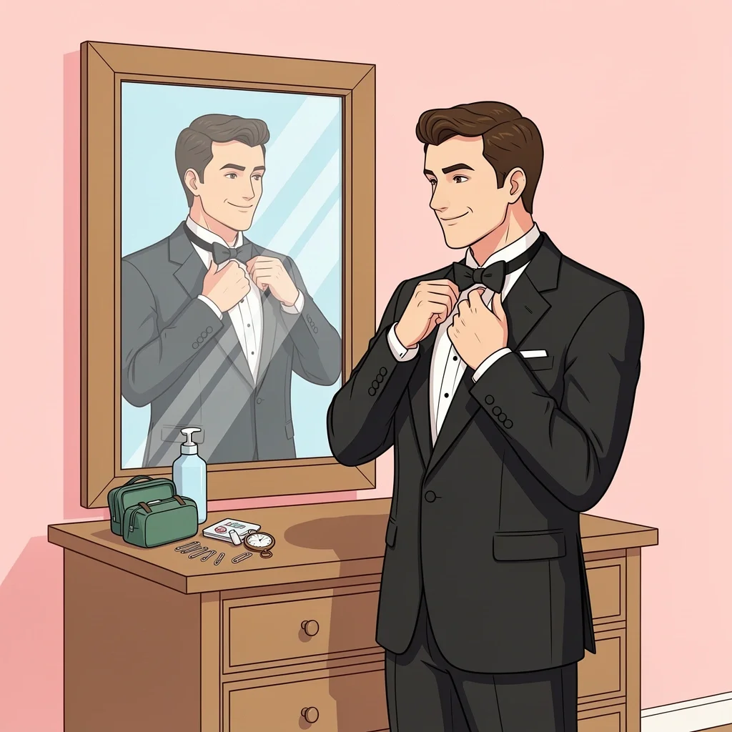 Groom Day-Of Preparation and Calmness Groom adjusting bow tie in mirror with emergency kit and watch on dresser