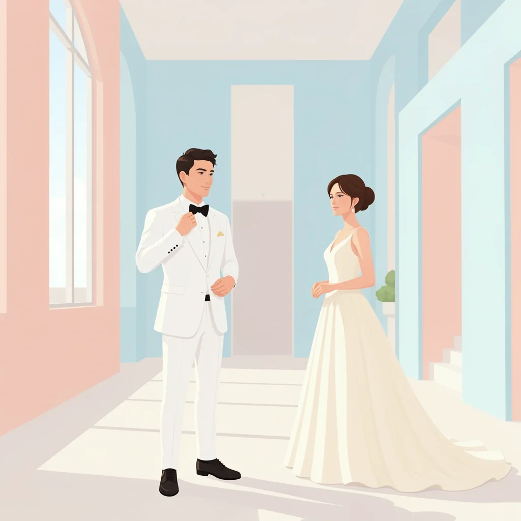 Groom wearing white tuxedo adjusting bow tie with bride in ivory gown at modern wedding