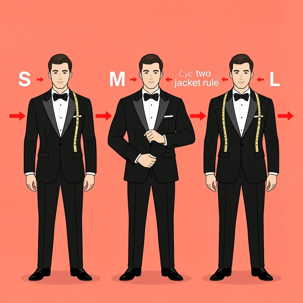 Three groomsmen with different body types wearing the same tuxedo, showing fit adjustments and size swapping