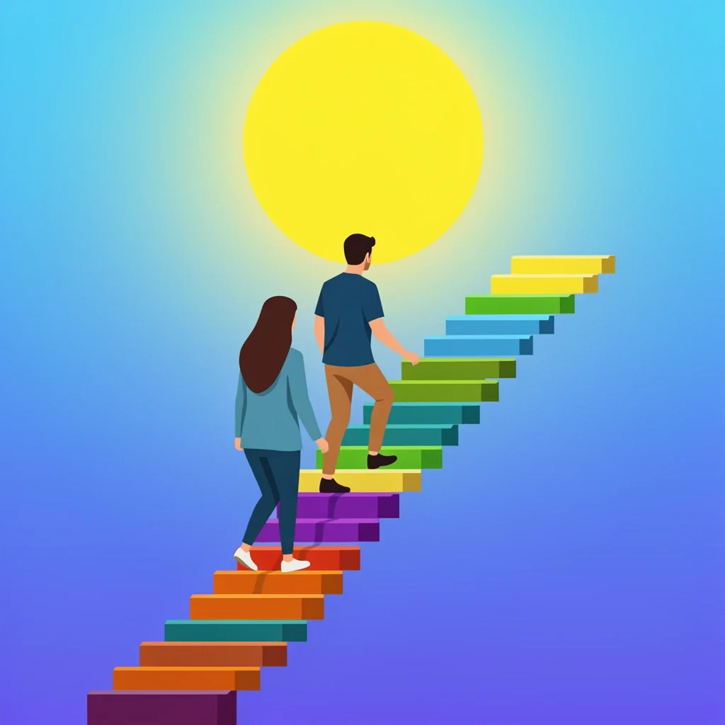 Growing Together After Honeymoon Phase Couple climbing a colorful staircase toward a bright sun symbolizing growth after honeymoon phase