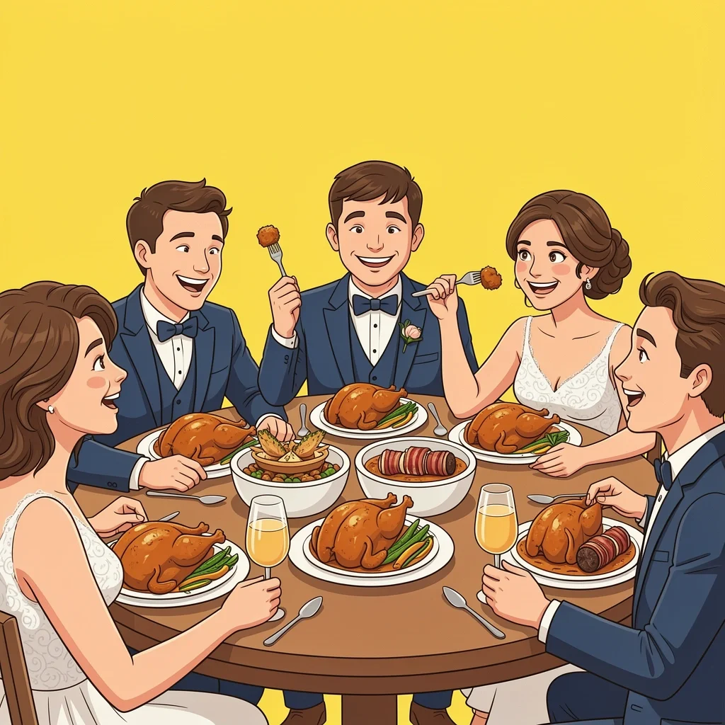 Guests Enjoying Familiar Wedding Food Wedding guests happily eating familiar comfort foods like chicken and vegetables at a table, with one unique appetizer