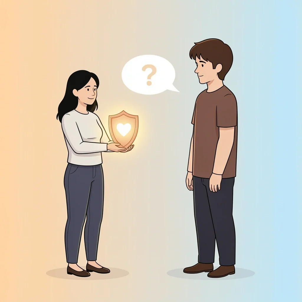 Setting Boundaries with Family Couple calmly holding a boundary shield while speaking to a relative about the small wedding