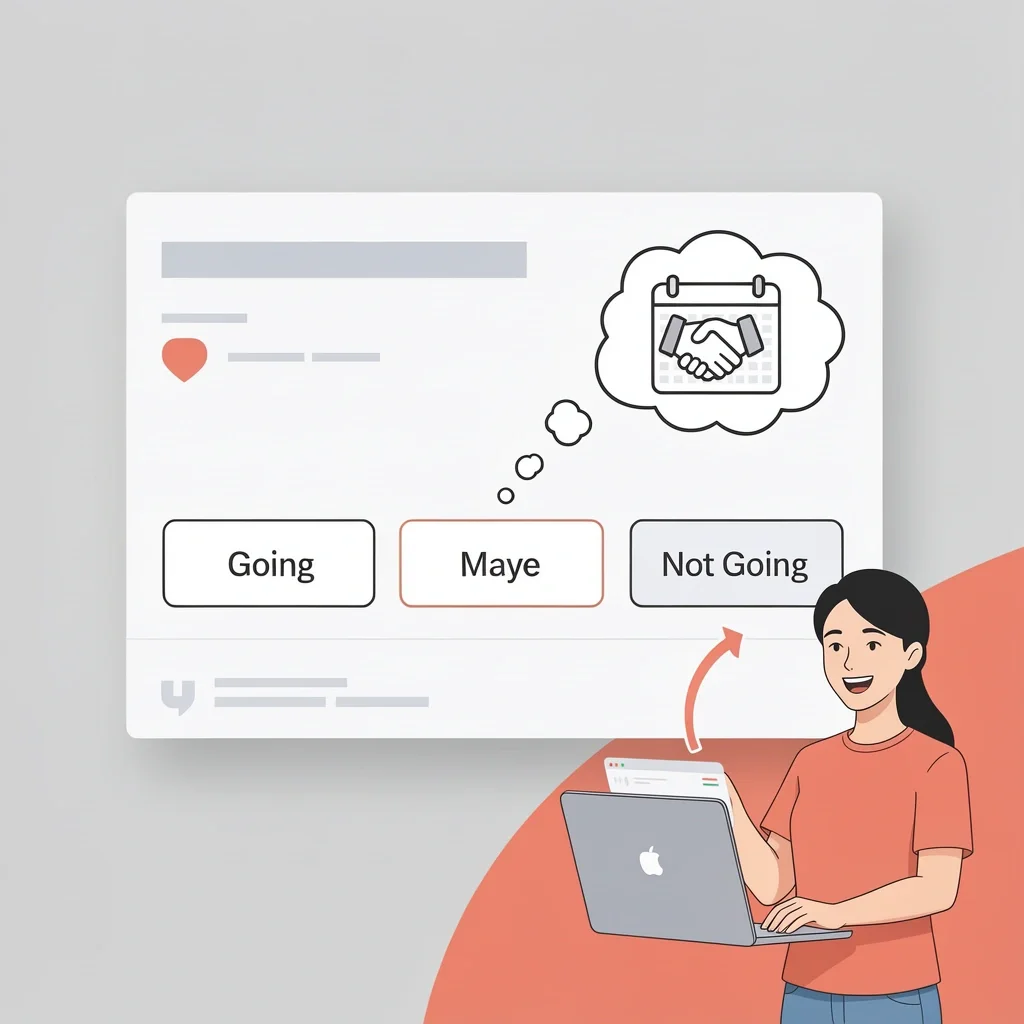 Facebook event page with Maybe button highlighted, a thought bubble with handshake and calendar, and a person sending a private message