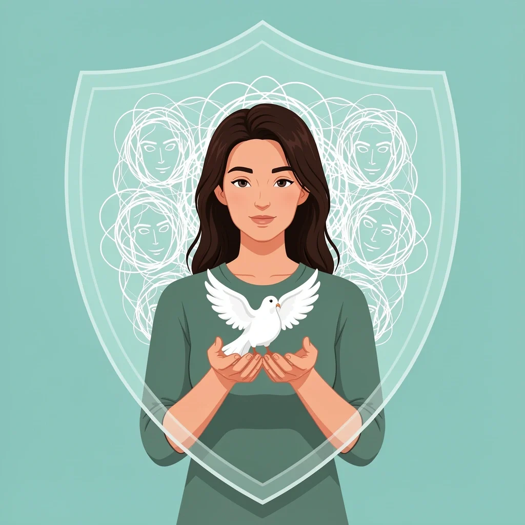 Peacekeeping Amidst Bridal Drama Woman holding a peace dove with chaotic background behind a shield symbolizing calm peacekeeping