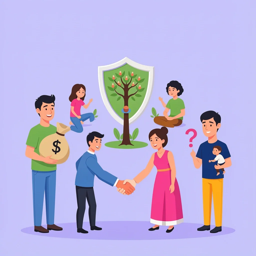 Difficult Wedding Guest Scenarios Couple negotiating with guests representing financial, family, child, and unknown challenges, with a shield and handshake