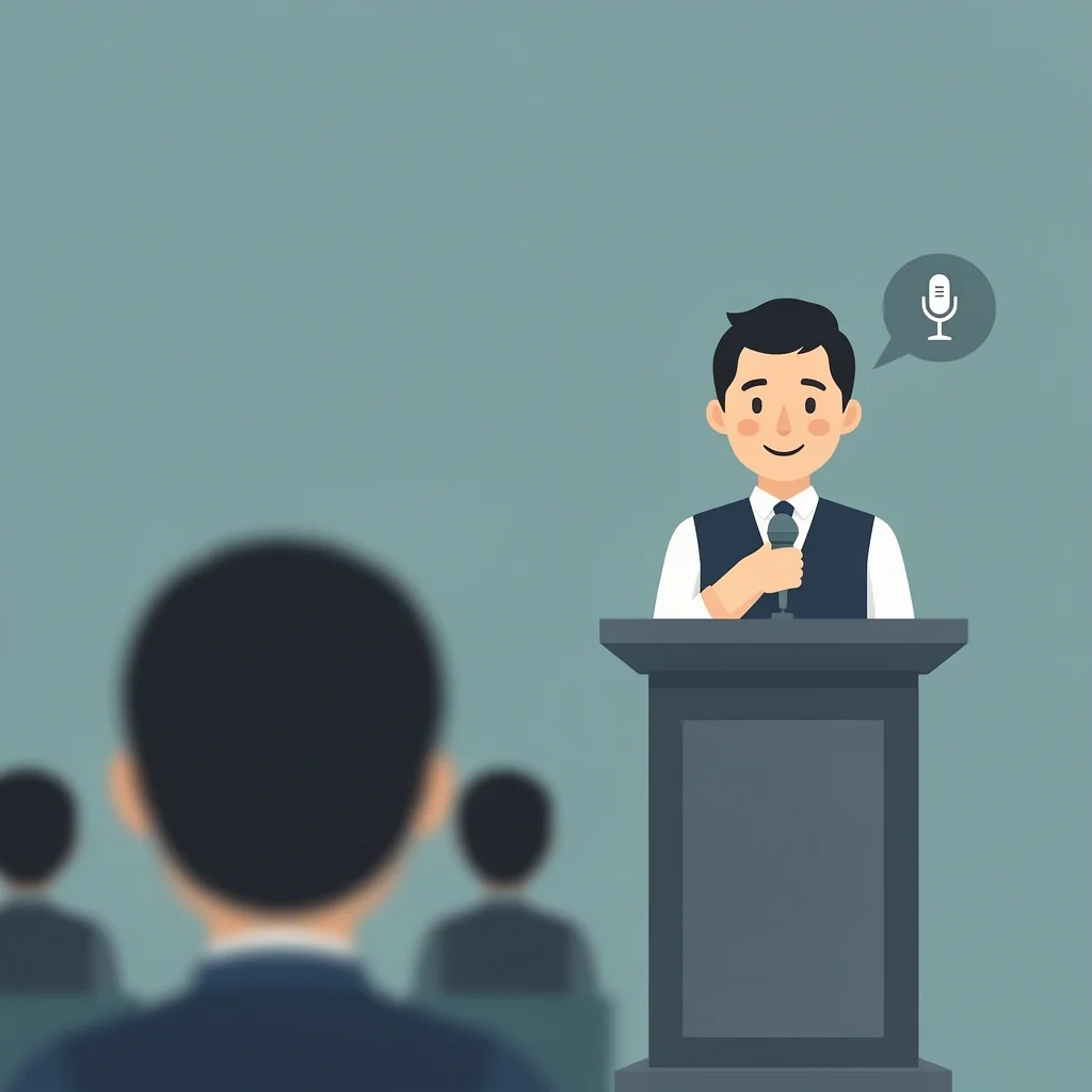 Heckler Calm Response Speaker smiling at podium while a heckler's speech bubble appears from audience, champagne glass icon