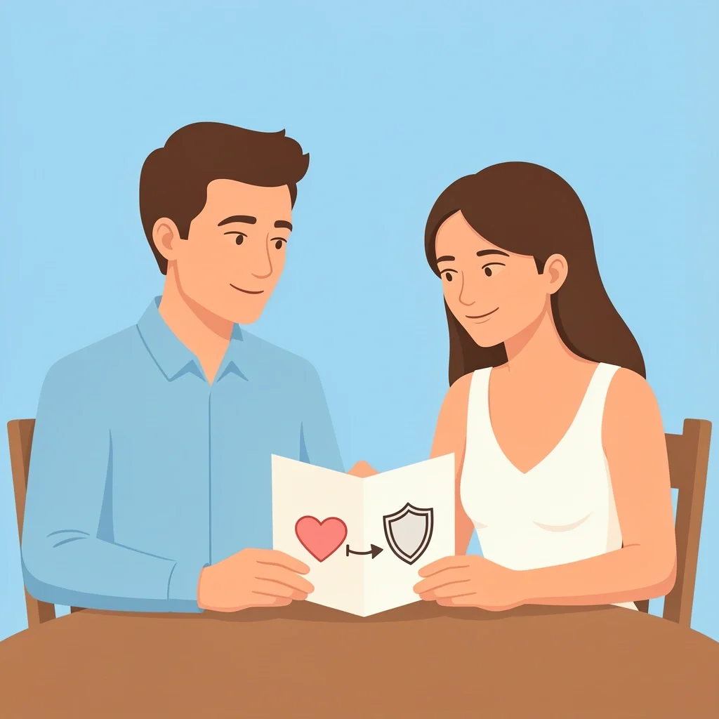Couple Discussing Healthy Boundaries Definition A couple sitting at a table discussing a diagram of a heart and shield, representing protection and connection in healthy married boundaries.