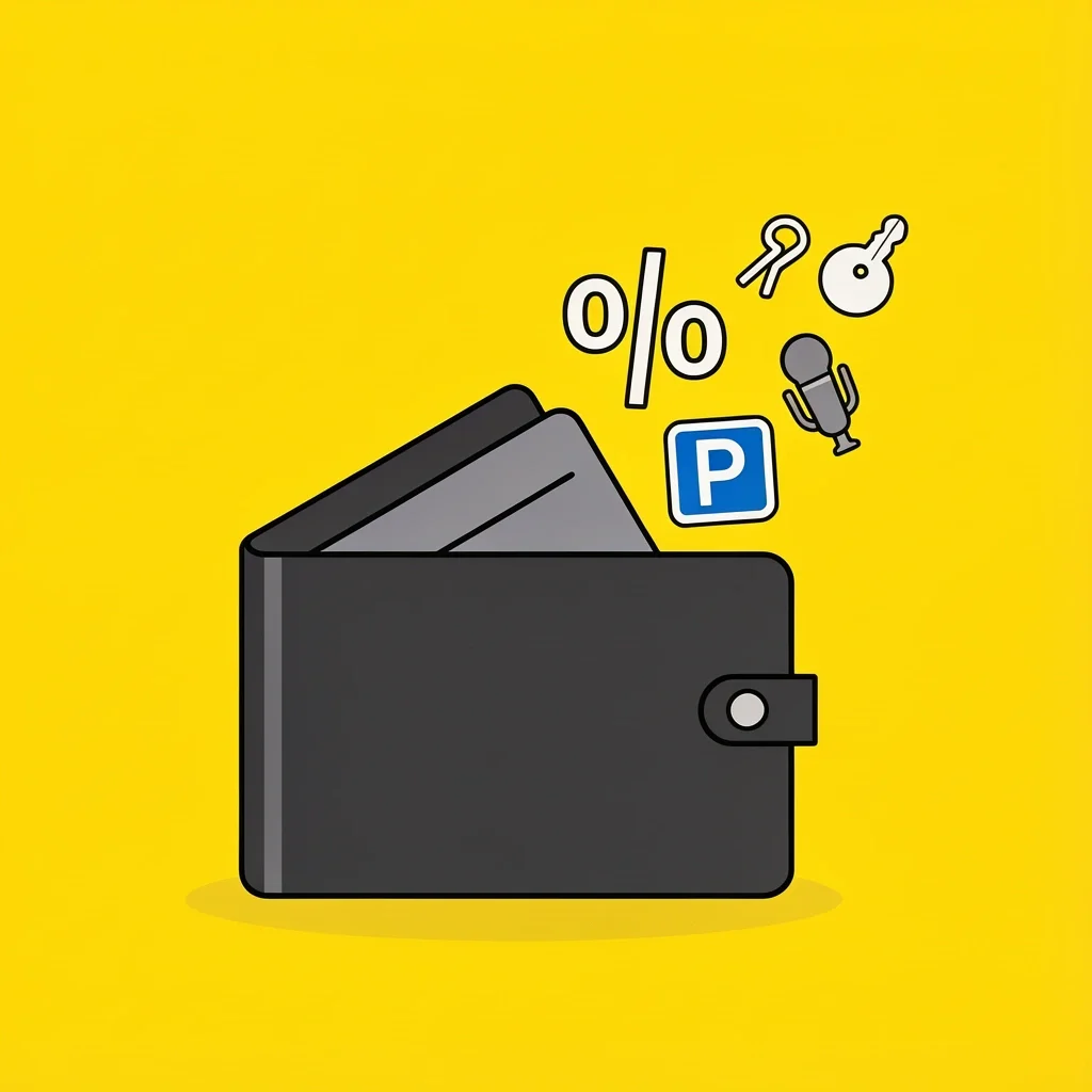 Hidden Rehearsal Dinner Costs Open wallet with popping icons of percentage, key, parking sign, and microphone representing hidden rehearsal dinner costs.