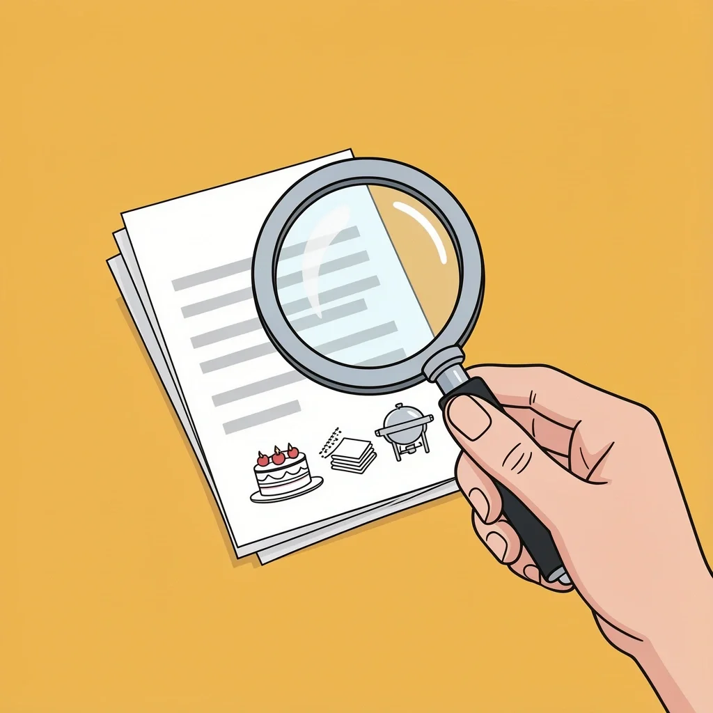 Hidden Wedding Food Costs Checklist Magnifying glass over receipts and rental invoice showing hidden wedding food costs like cake cutting and corkage fees.