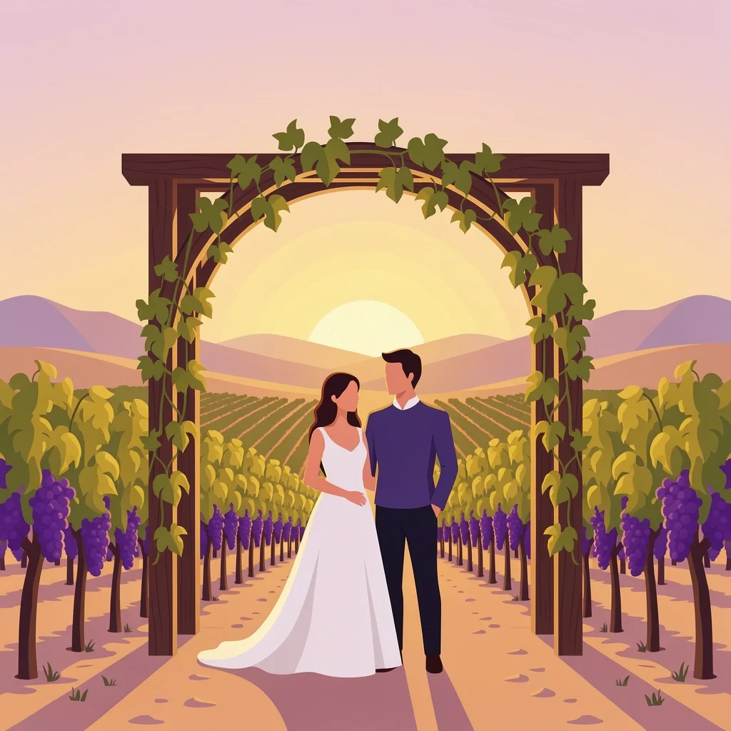 Hill Country Vineyard Elopement Couple eloping at a Texas hill country vineyard under a wooden arch at sunset
