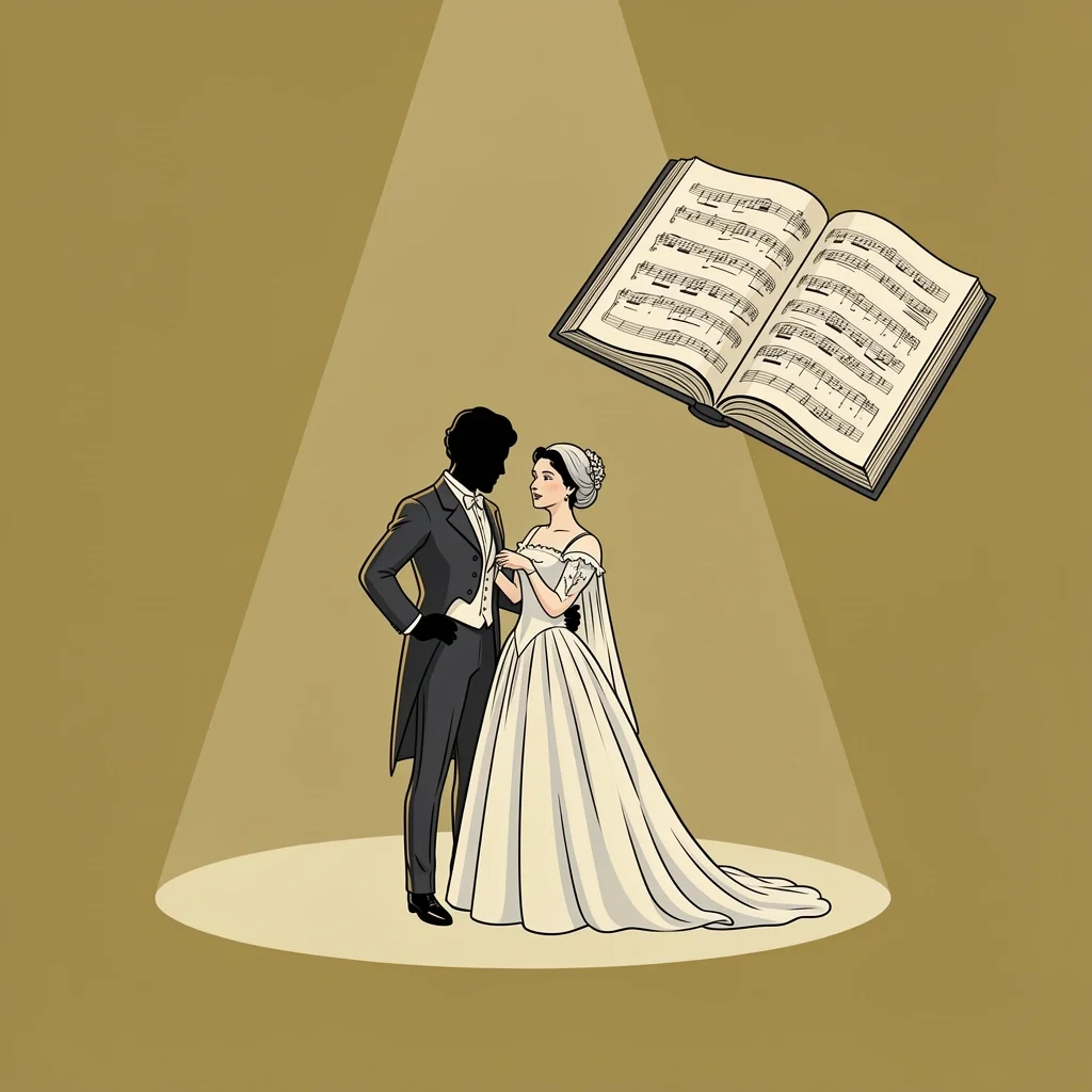 Operatic Origin of Wedding Marches A vintage opera scene with a bride and groom in shadow, representing the origin of the Bridal Chorus.