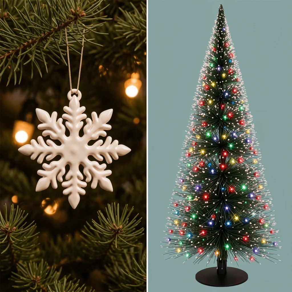Holiday Decor Favorites Timeless to Trendy A split scene comparing a classic ceramic snowflake ornament and a trendy light-up bottle brush tree