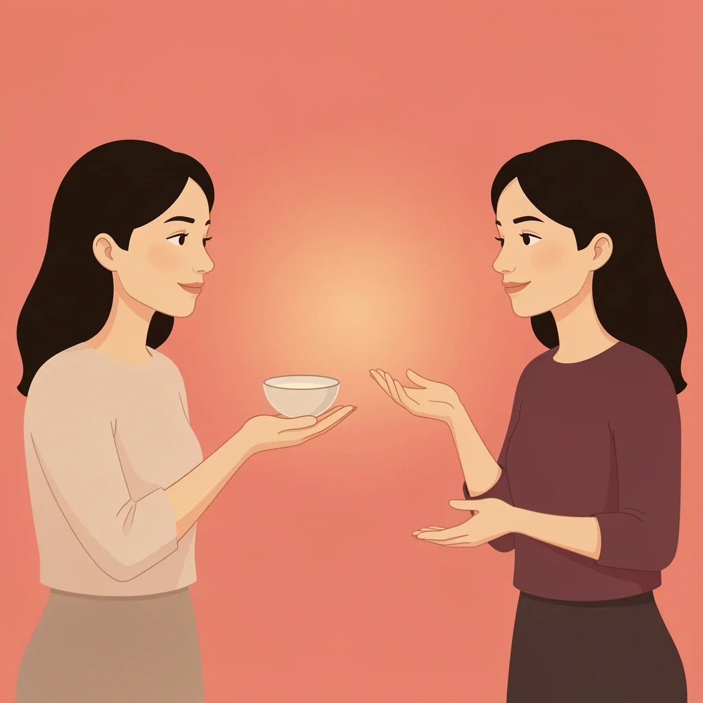 Honest Talk About Maid of Honor Costs Two women having a calm conversation with open hands and empty bowl symbolizing financial honesty