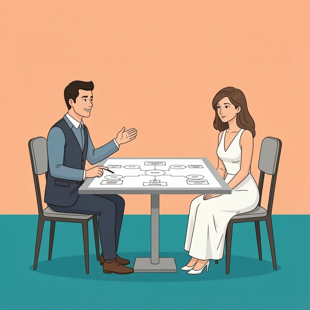 How to Talk About Inexperience with Wedding Clients A wedding planner confidently showing a timeline to a couple at a café, explaining their process despite being new to the industry.