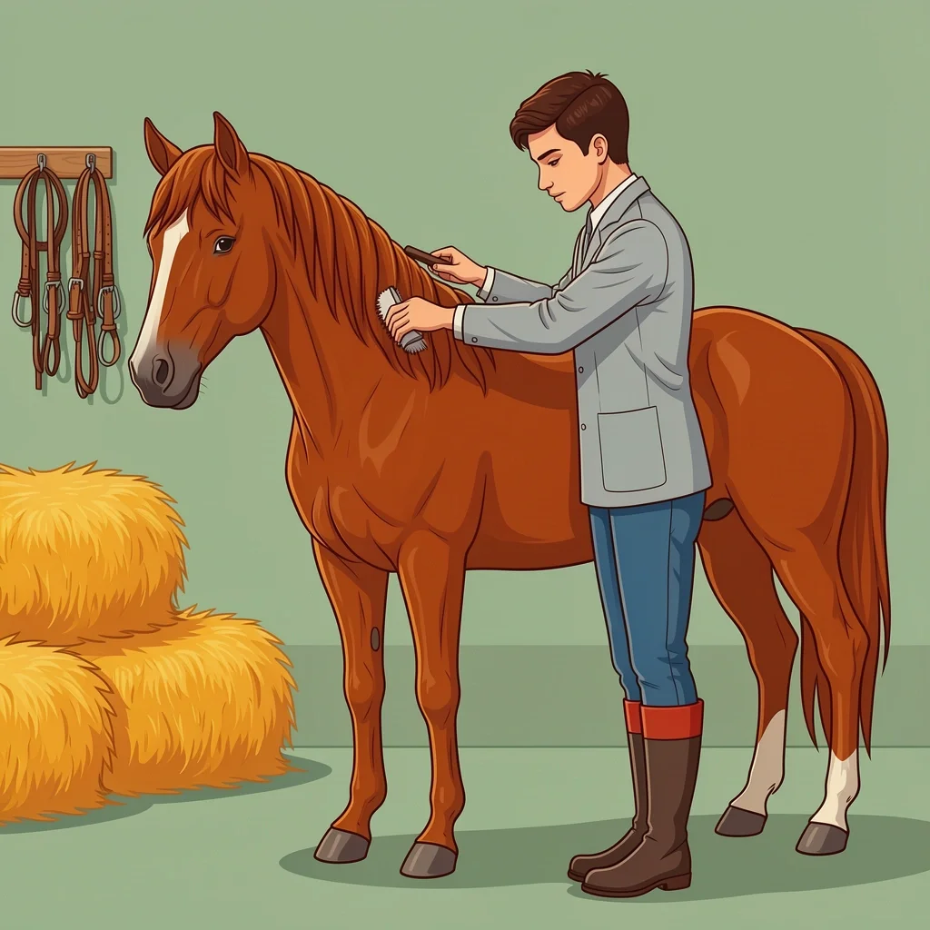 Horse Groom Daily Duties and Care Horse groom brushing a chestnut horse in a clean stable with hay and tack