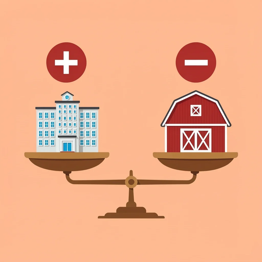 Hotel vs Venue Trade-Off Illustration Balanced scale comparing a hotel venue and a dedicated venue with plus and minus symbols
