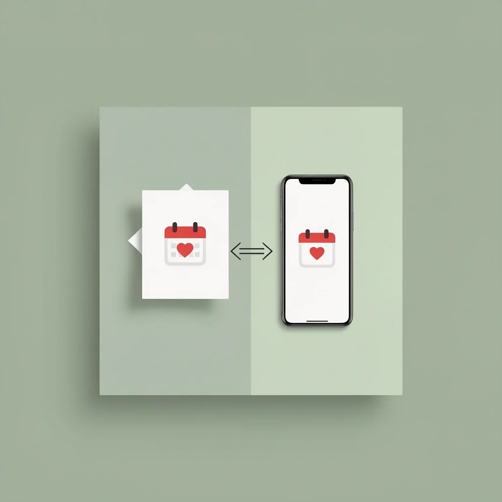 A central square graphic split into a paper card on left and smartphone screen on right, connected by a double-ended arrow
