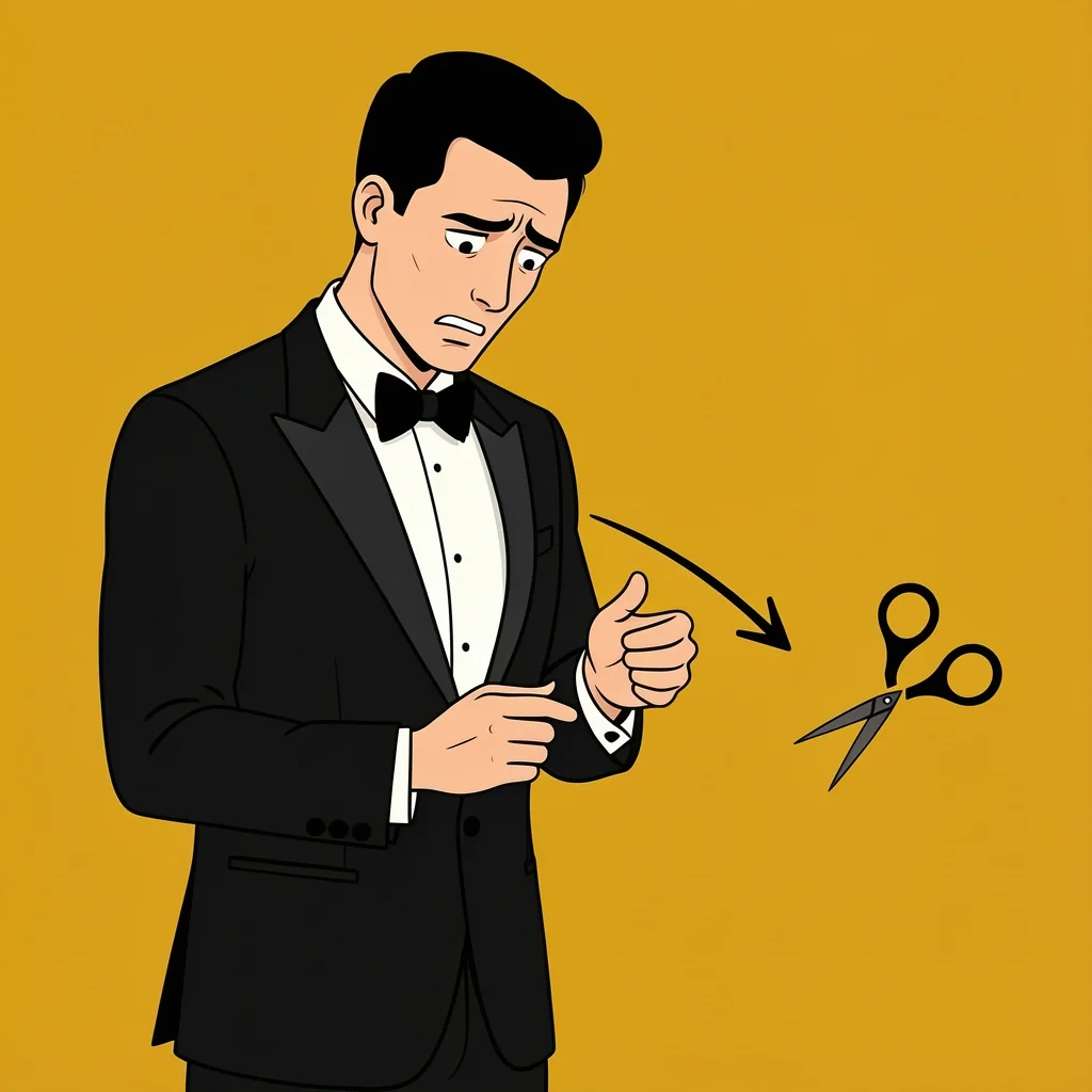 Ill-Fitting Tuxedo Solution Illustration of a man in an ill-fitting tuxedo with long sleeves, with an arrow pointing to tailor scissors indicating a solution.