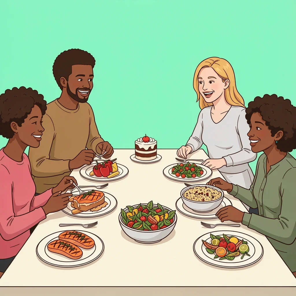 Inclusive Wedding Menu for All Dietary Needs Diverse guests at a wedding table each with a different but equally appetizing dish representing various dietary needs