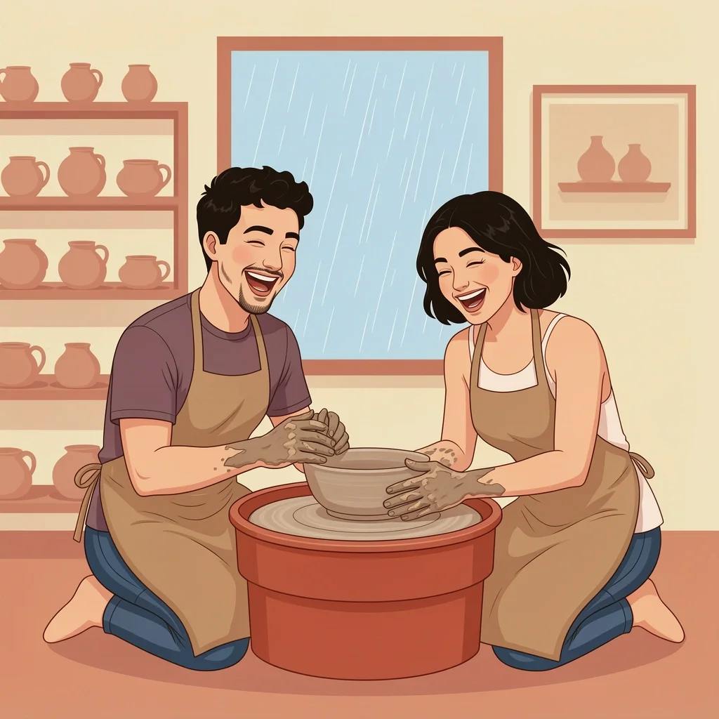 Couple taking a pottery class together on a rainy day, laughing and getting messy with clay
