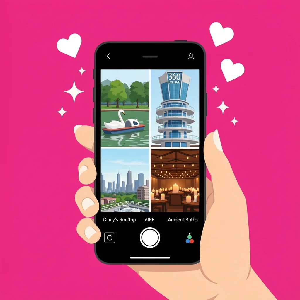 Instagrammable Chicago Date Spots Smartphone showing a collage of Instagrammable Chicago date spots like swan boats and skyline views