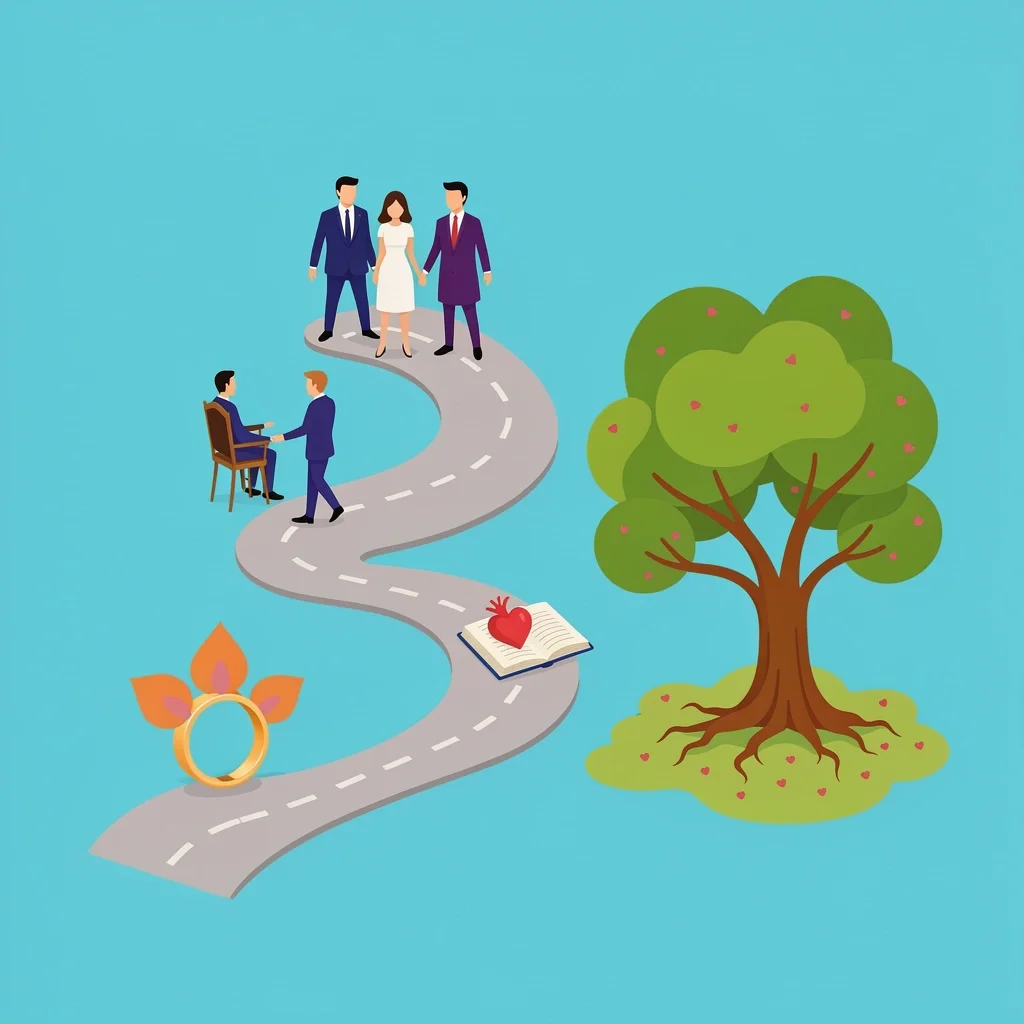 Integrating Devotional Premarital Journey Couple walking on a journey path integrating counseling, devotional, wedding, and first year of marriage