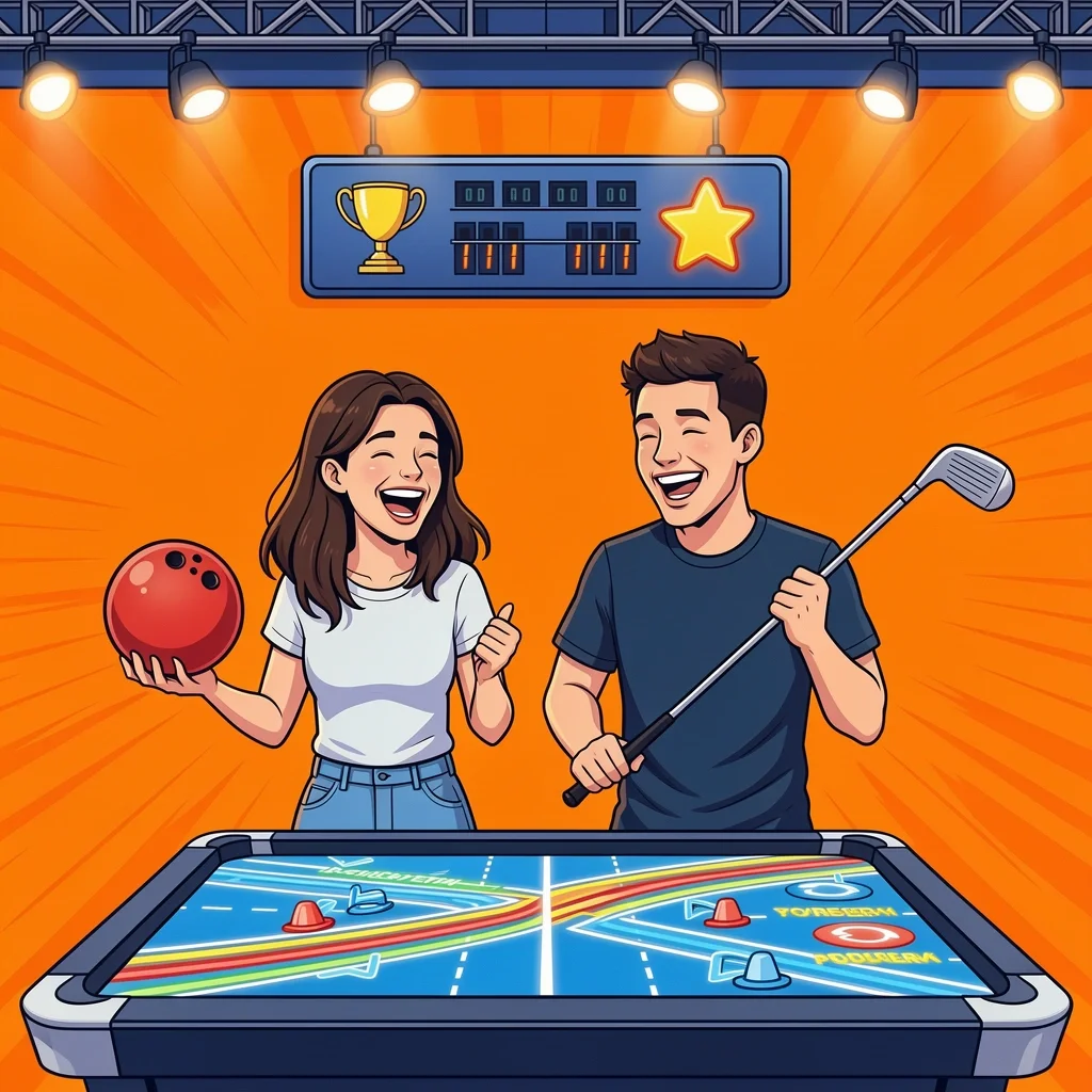 Interactive Sports Date Night for Couples Couple enjoying interactive sports games like racing, bowling, and golf in a colorful arcade setting