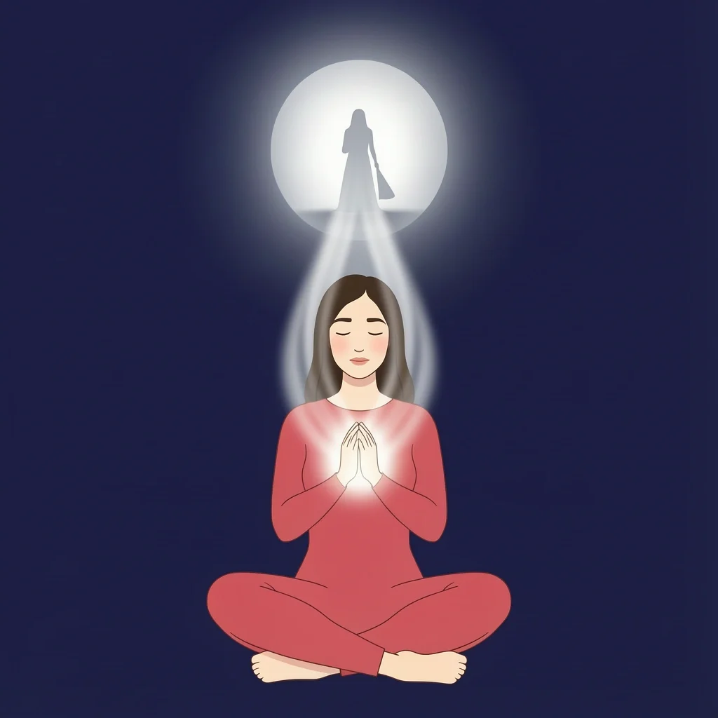 Unseen Intercessory Prayer Woman praying silently with light from heart reaching bride silhouette symbolizing unseen intercession