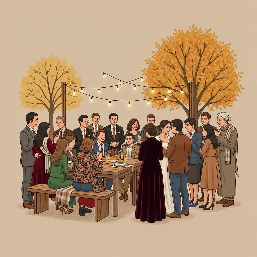 Cozy Fall Wedding Gathering Intimate fall wedding with guests gathered under string lights and warm textures