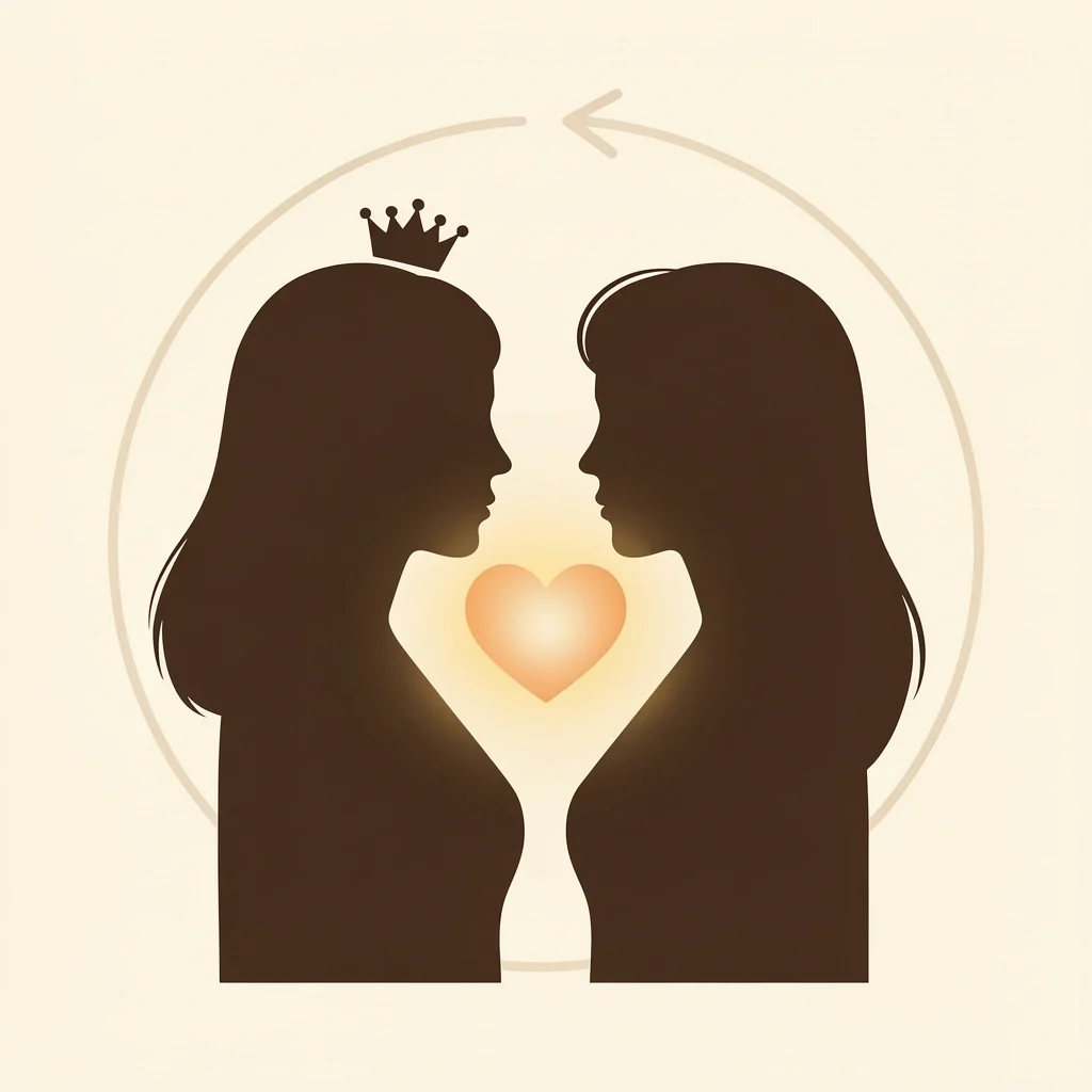 Invisible emotional labor of MOH Two overlapping female silhouettes with a glowing heart between them representing the emotional support duty of a maid of honor
