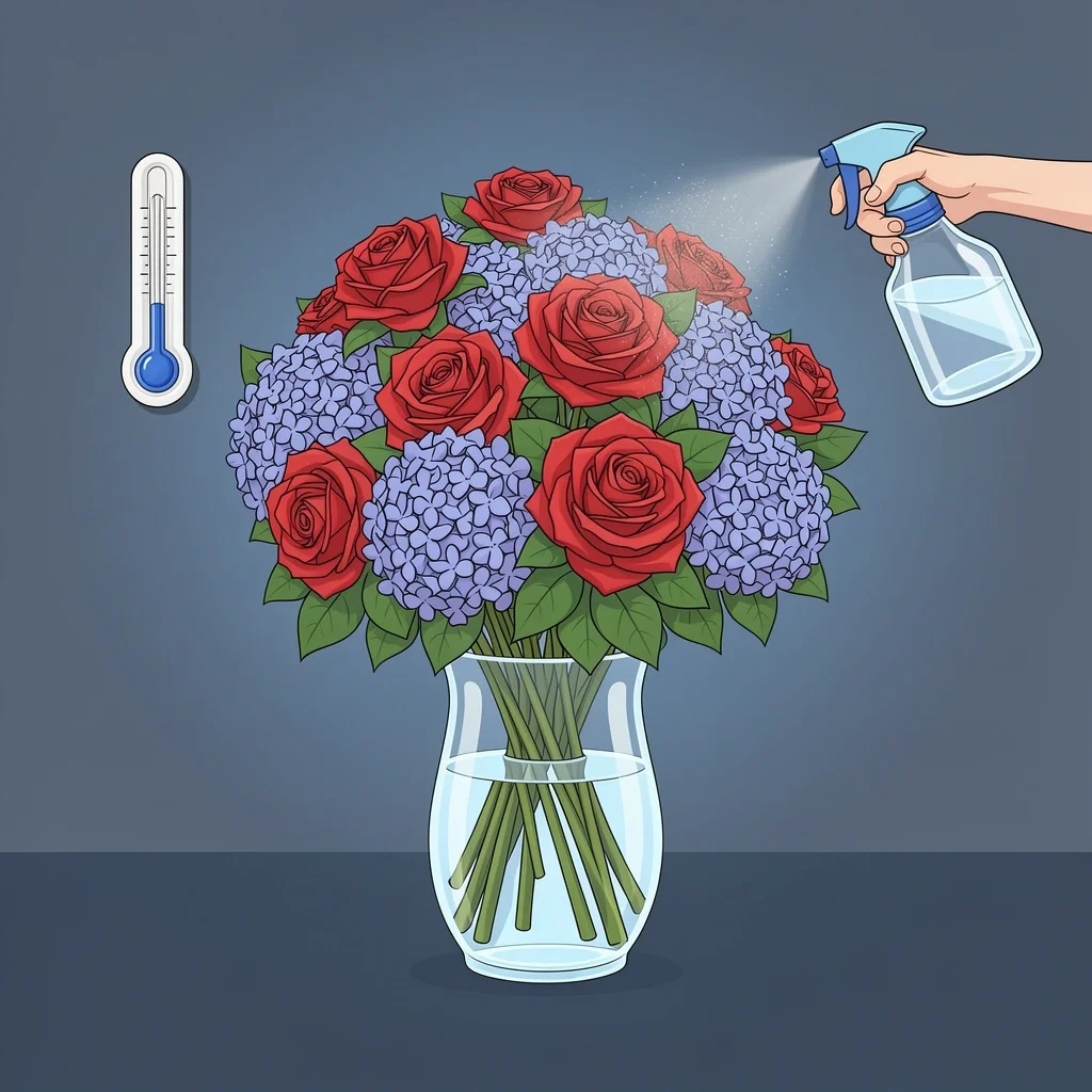 Keeping Bouquet Fresh Wedding bouquet in a vase of water being misted, stored in a cool dark room