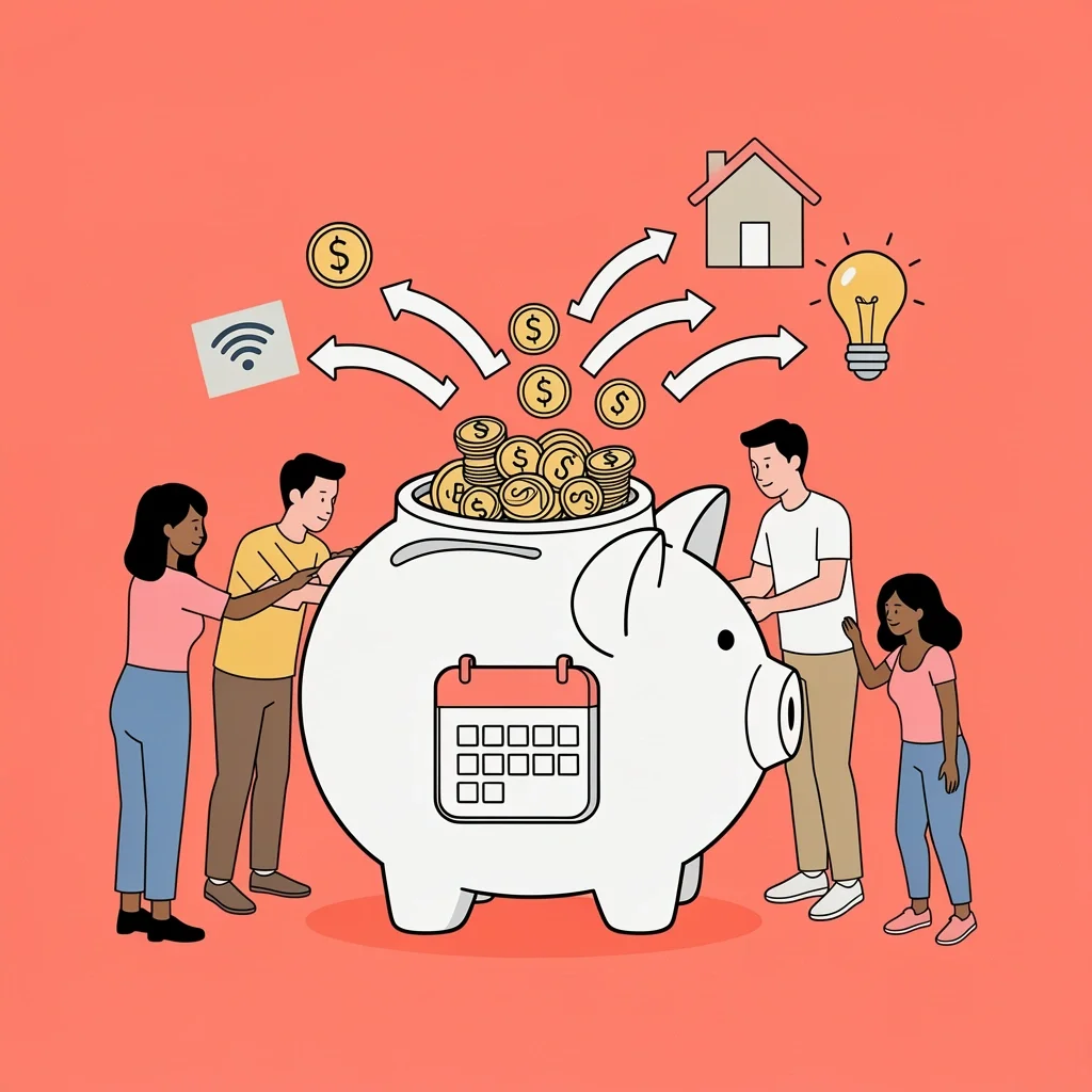 Kitty System for Shared Expenses Multiple people contributing to a shared piggy bank jar that pays bills represented by icons
