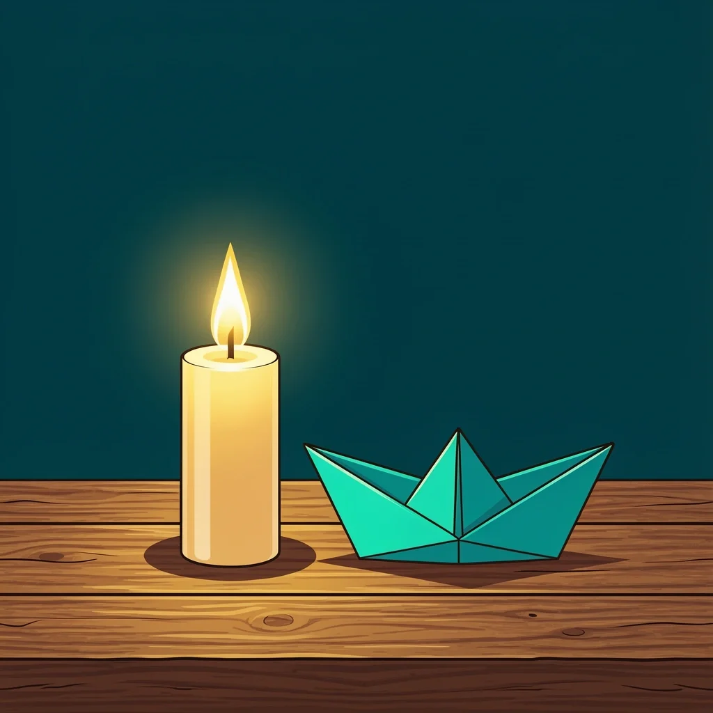 Symbolic gift concept for baby loss A lit candle and an origami boat on a table, symbolizing the lasting memory and acknowledgment needed in gifts after baby loss.