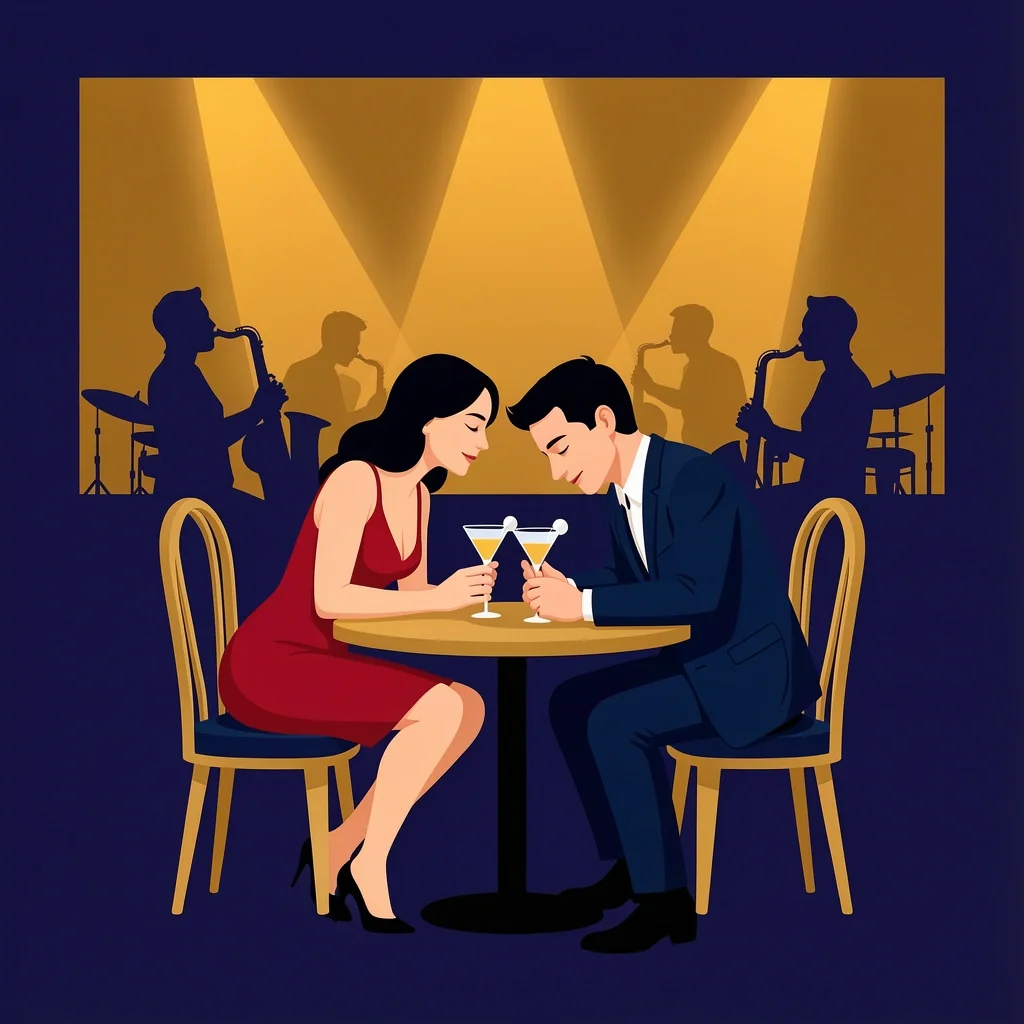 Couple enjoying live jazz and cocktails at Green Lady Lounge in Kansas City late at night