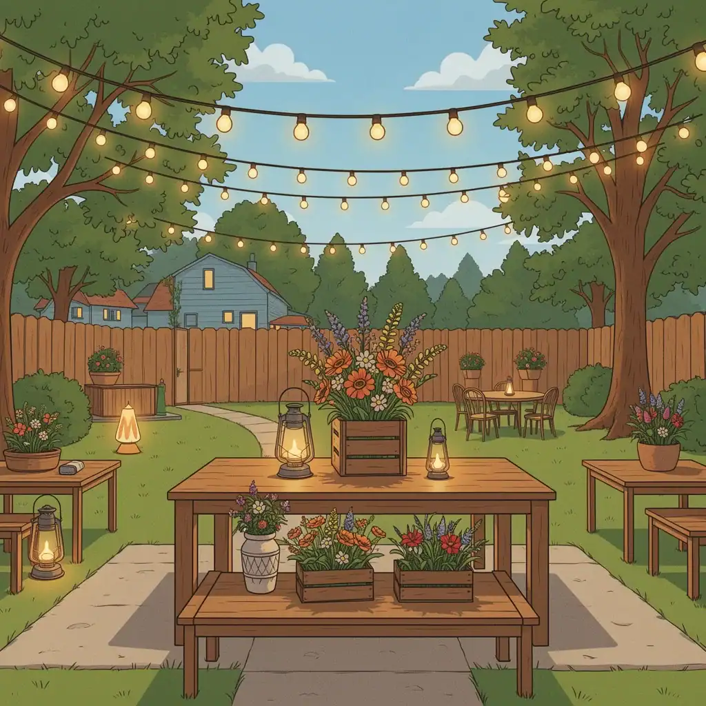 Intentional Wedding Decor and Lighting Backyard wedding decor with layered string lights, lanterns, and table centerpieces featuring rustic, minimalist, and bohemian styles