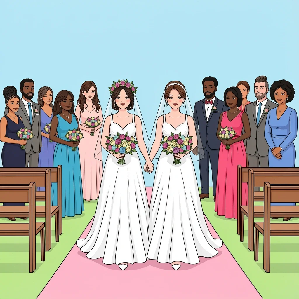 LGBTQ+ Ceremony Rehearsal Two brides walking down the aisle in a diverse LGBTQ+ wedding ceremony