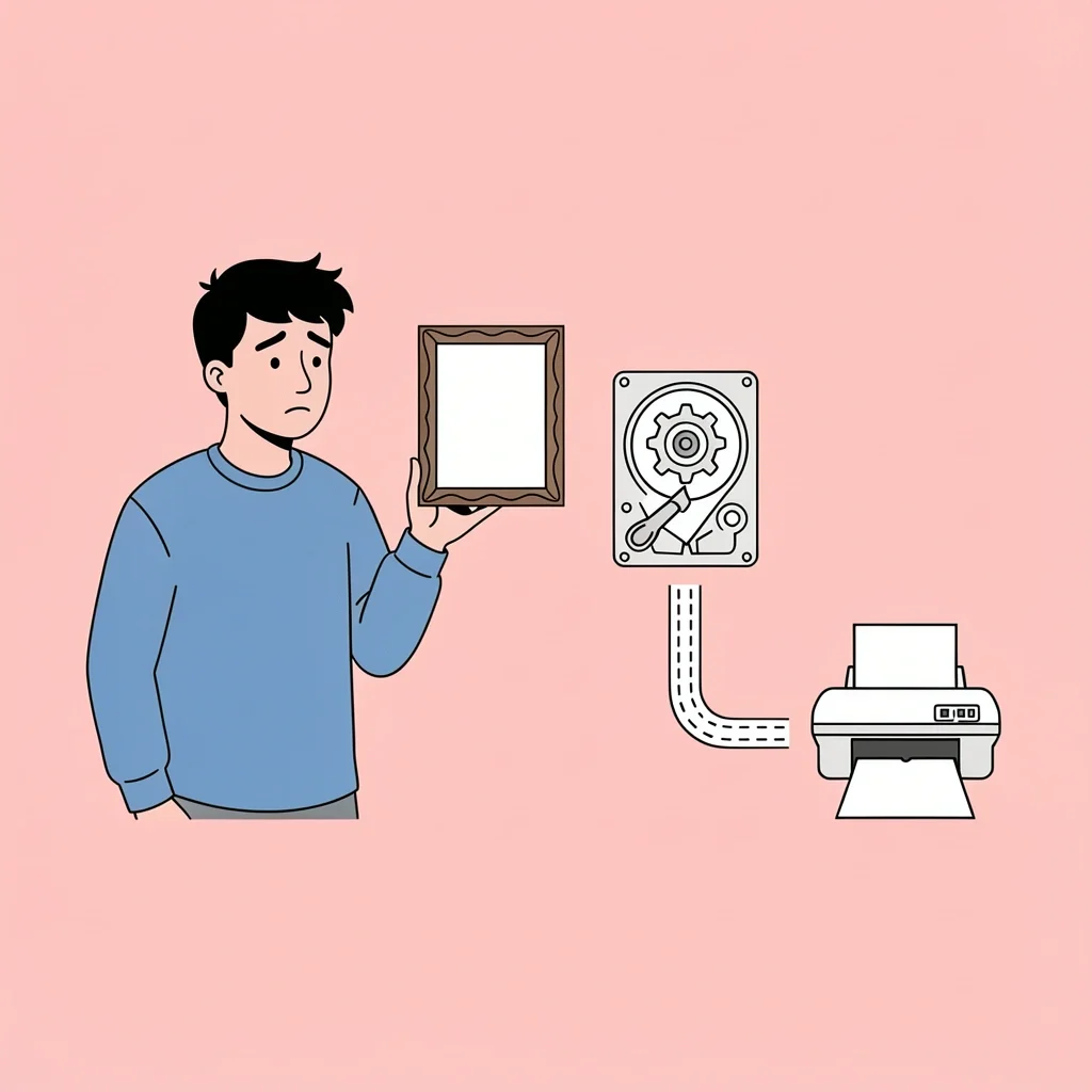 Person with empty frame and broken hard drive, with icons for restoration and print lab
