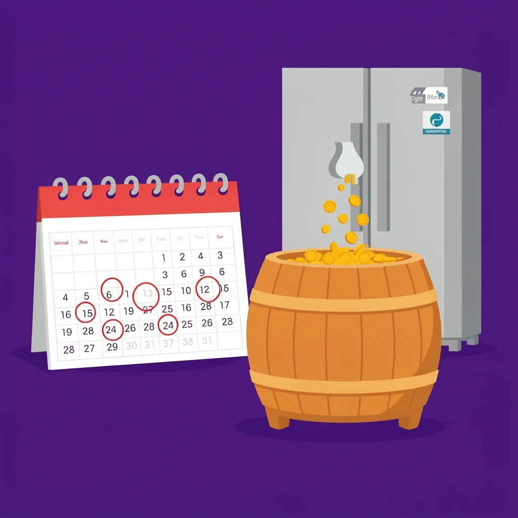 Lumpy Expense Sinking Fund Calendar with annual dates, a sinking fund barrel receiving monthly coins, and icons for refrigerator and subscription box