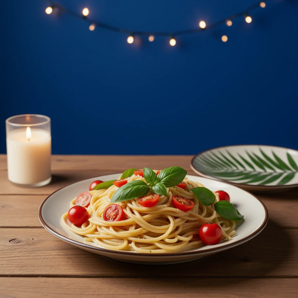 Luxury Pasta Wedding Presentation Elegant pasta presentation on a wooden table with candlelight and string lights, showing how to make budget food look luxurious.