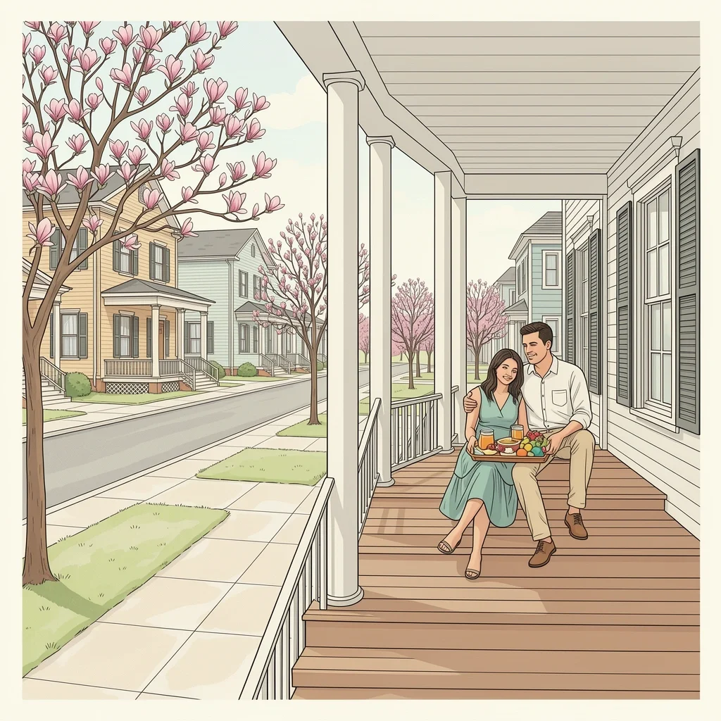 Madison B&B Porch Romance Couple sitting on historic porch in Madison Georgia with magnolia trees and breakfast