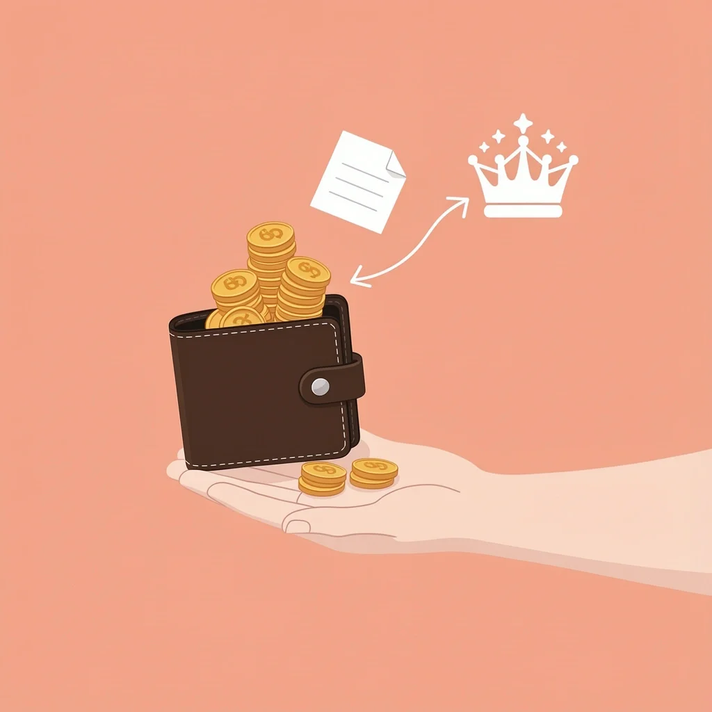 MOH financial reality illustration Open wallet with floating coins next to a crown, representing the financial commitment of a maid of honor