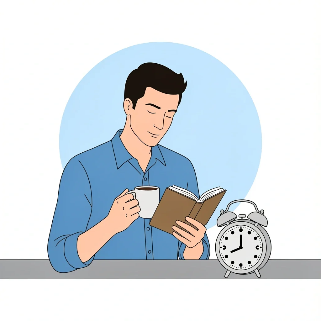 10 Minute Daily Devotional Habit Man at a desk with a coffee mug and open book, with a 10-minute alarm clock symbolizing a short daily devotional habit