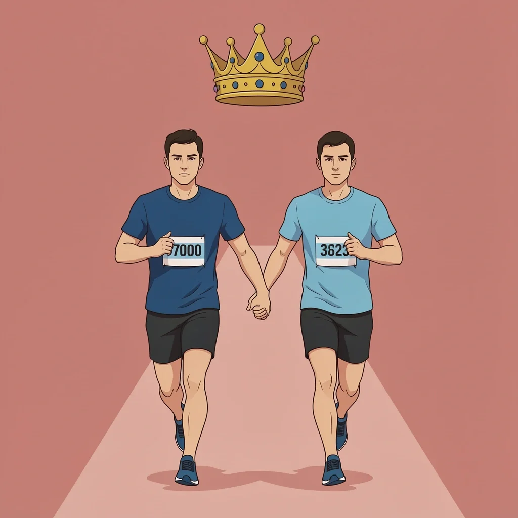 Marriage Endurance Marathon A couple running a marathon together holding hands, looking forward