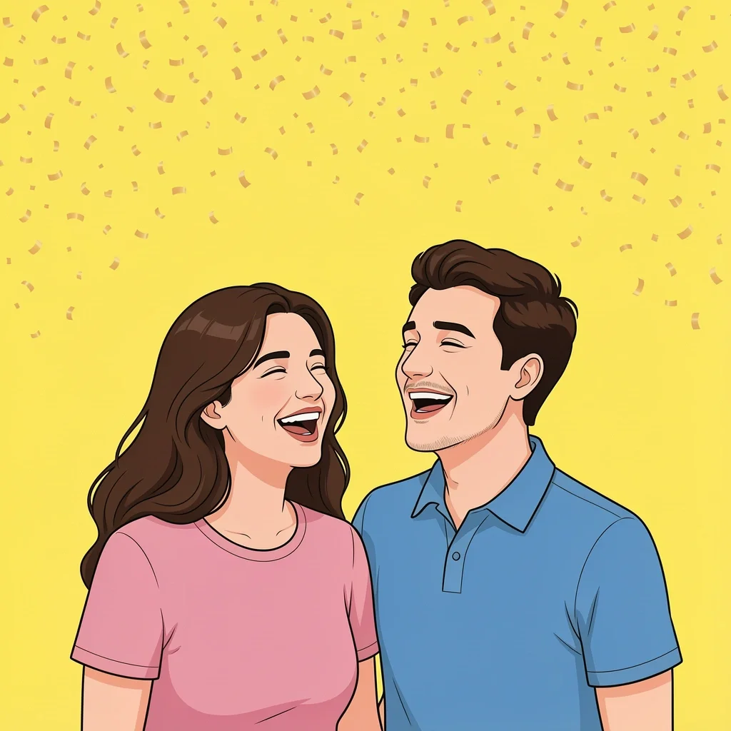 Marriage Joyful Celebration A couple laughing together under golden sparkles and confetti